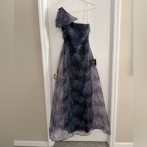 Lulu's One-Shoulder Floral Organza Gown in Charcoal and Slate Blue